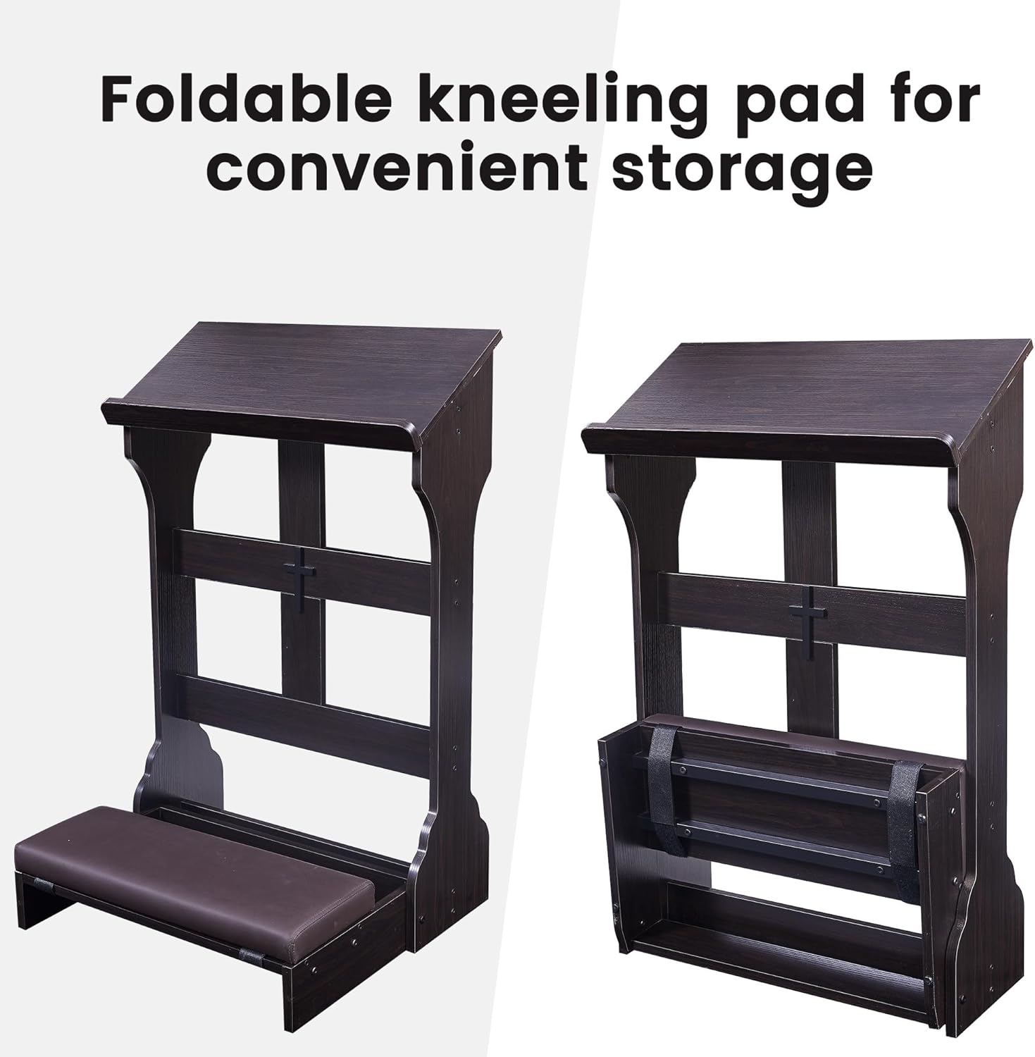 Foldable Prayer Bench, Wooden Prayer Kneeler with Cushion Pad, Rounded Corner Bookend, Customizable Cross Decoration, Reinforced Steel Tube Base Design