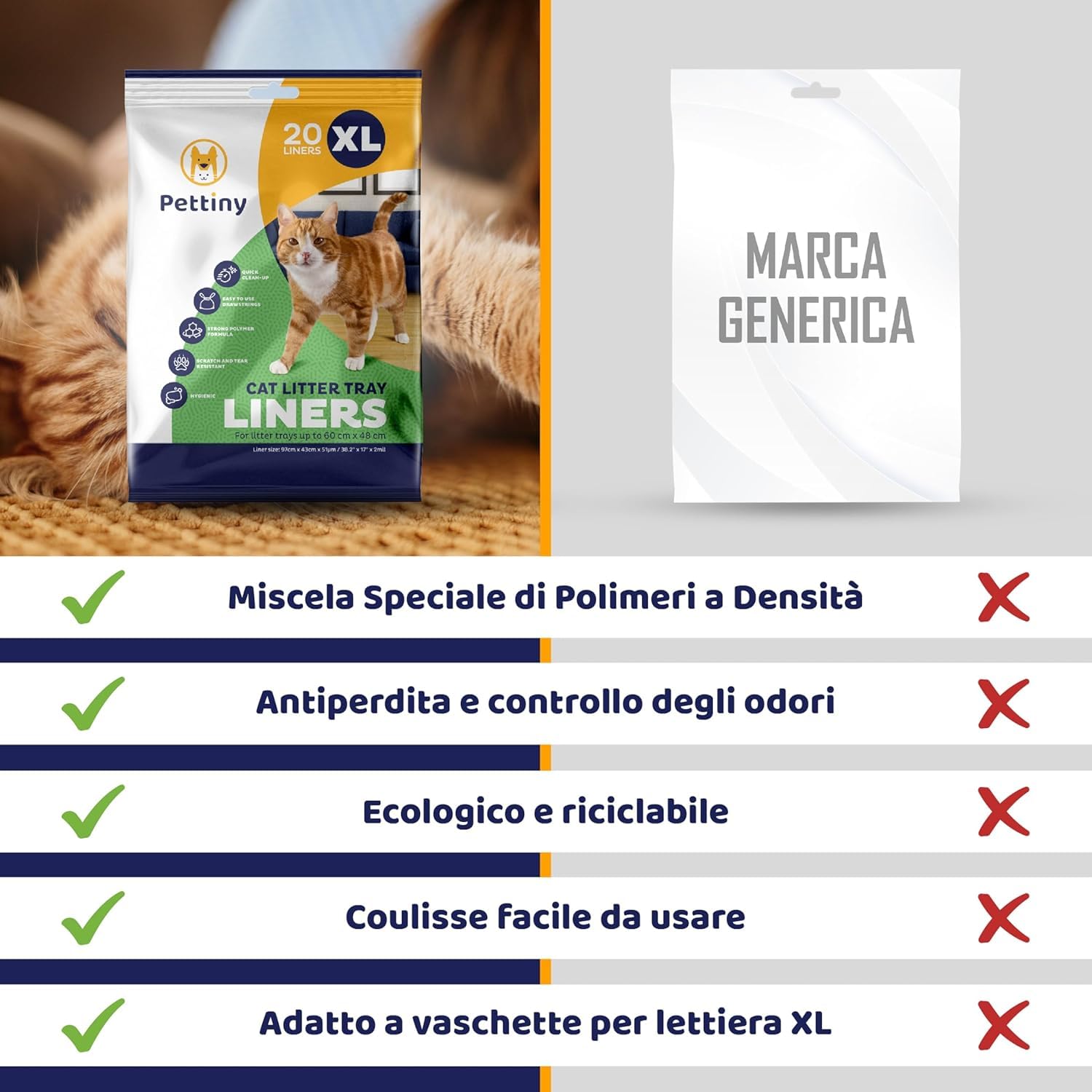 Pettiny 20 Sacchetti XL per Lettiera per Gatti con Coulisse Sacchi Resistenti ai Graffi per Cassetta Igienica Grande