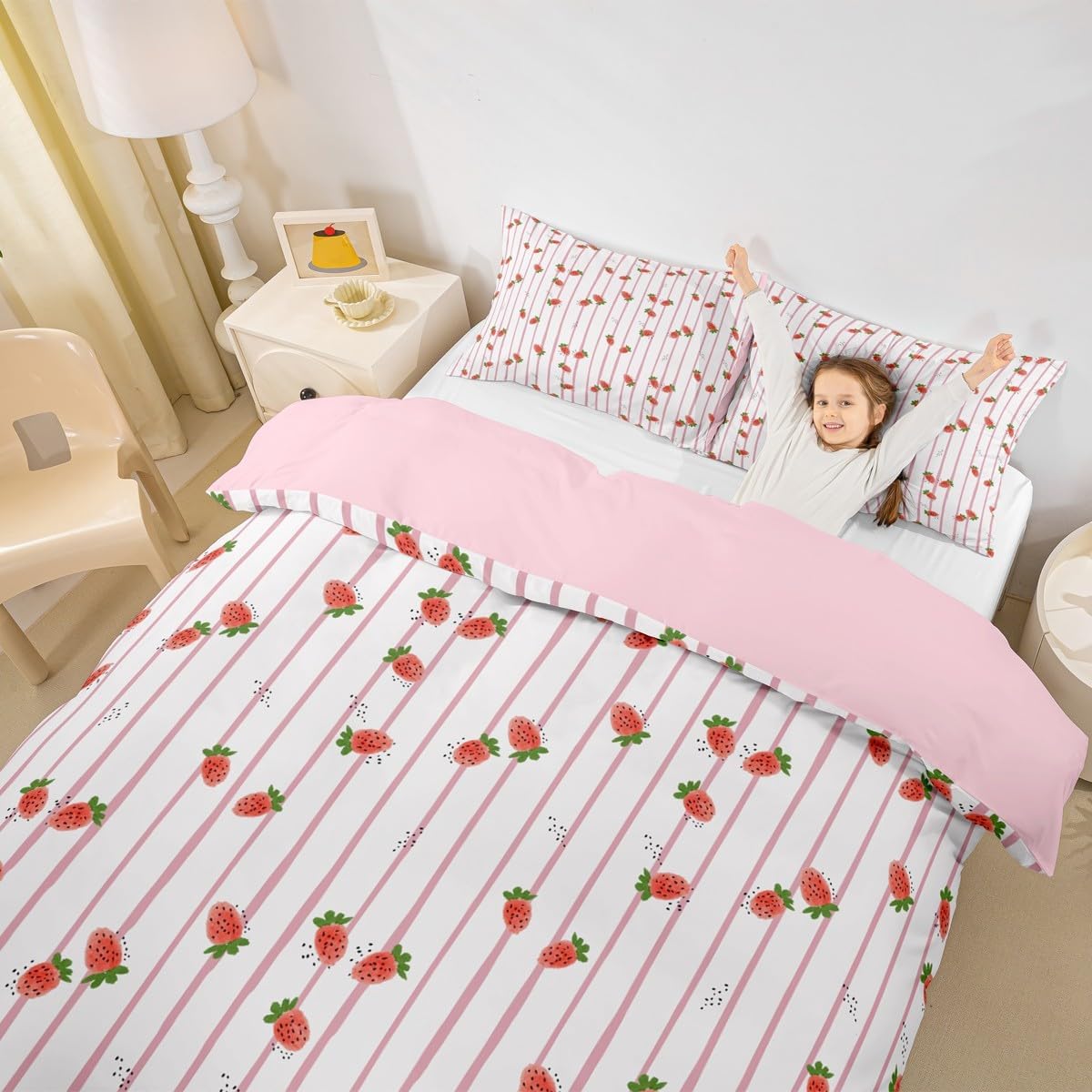 Erosebridal Strawberry Comforter Cover, Kids Cute Fruit Duvet Cover Full Size, Kawaii Strawberry Bedding Set for Girls Women Bedroom, Geometric Stripes Reversible Quilt Cover with 2 Pillow Cases, Pink