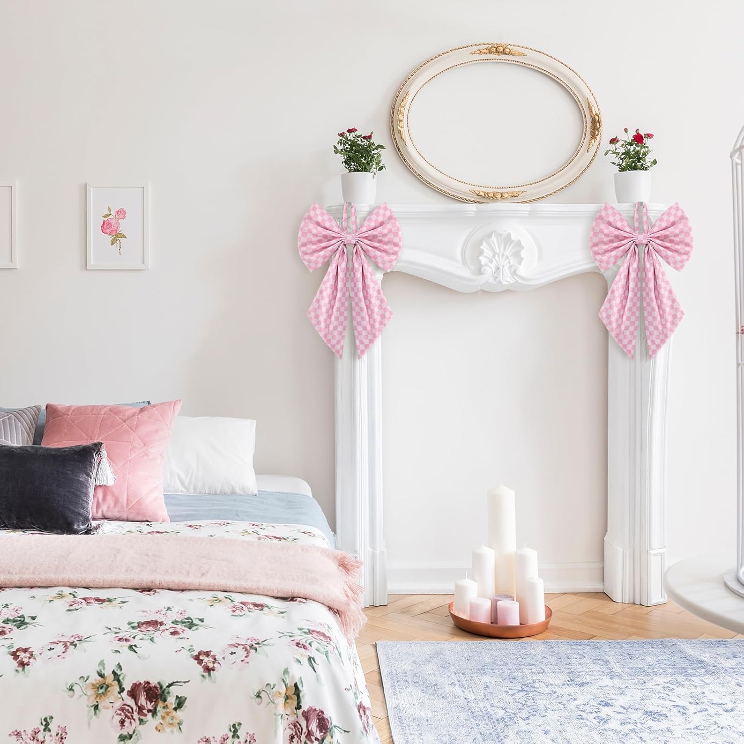 2 Pcs Pink White Buffalo Plaid Christmas Wreath Bows 19.6'' x 11.8'' Large Christmas Tree Topper Ornament Wreath Sash for Front Door Xmas Party Yard Doorway Indoor Outdoor Wall Decoration - Image 5