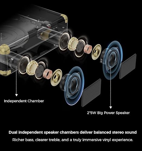 Miniatura 4 de VINYLSLINK - Tocadiscos de vinilo Bluetooth, tocadiscos portátil de 3 velocidades con control de agudos y graves, altavoces estéreo integrados,