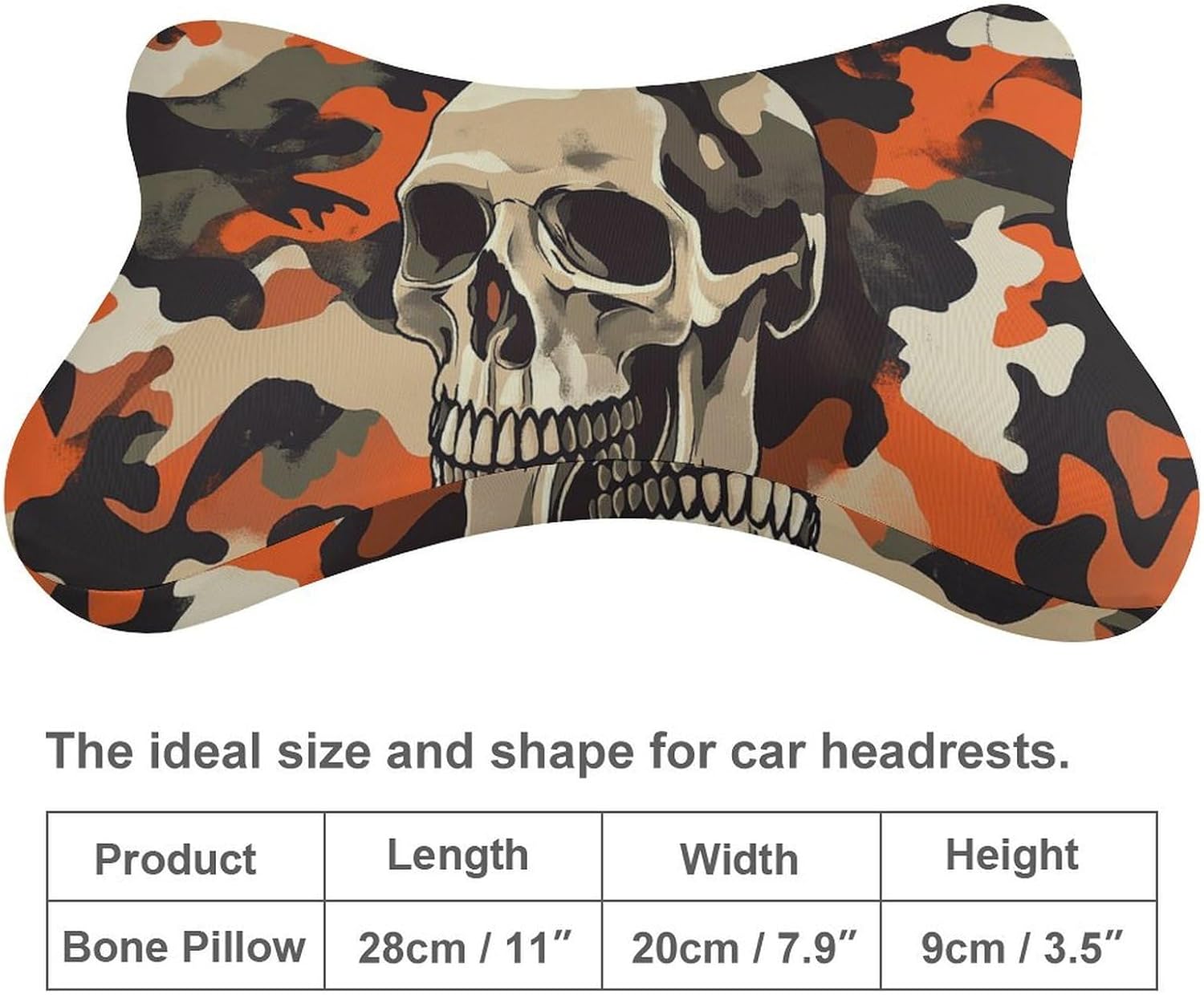Army Camouflage Pattern with Skull Car Neck Pillows Set of 2, Travel Neck Pillows Head Rest Automobile Bone Pillow for Car Seat