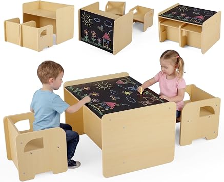 Olakids Montessori Weaning Table and Chair Set, Adjustable Height Kids Activity Desk with Blackboard 2 Chairs for Toddler Aged 1-3, Ideal for Step Stool Drawing Reading Natural