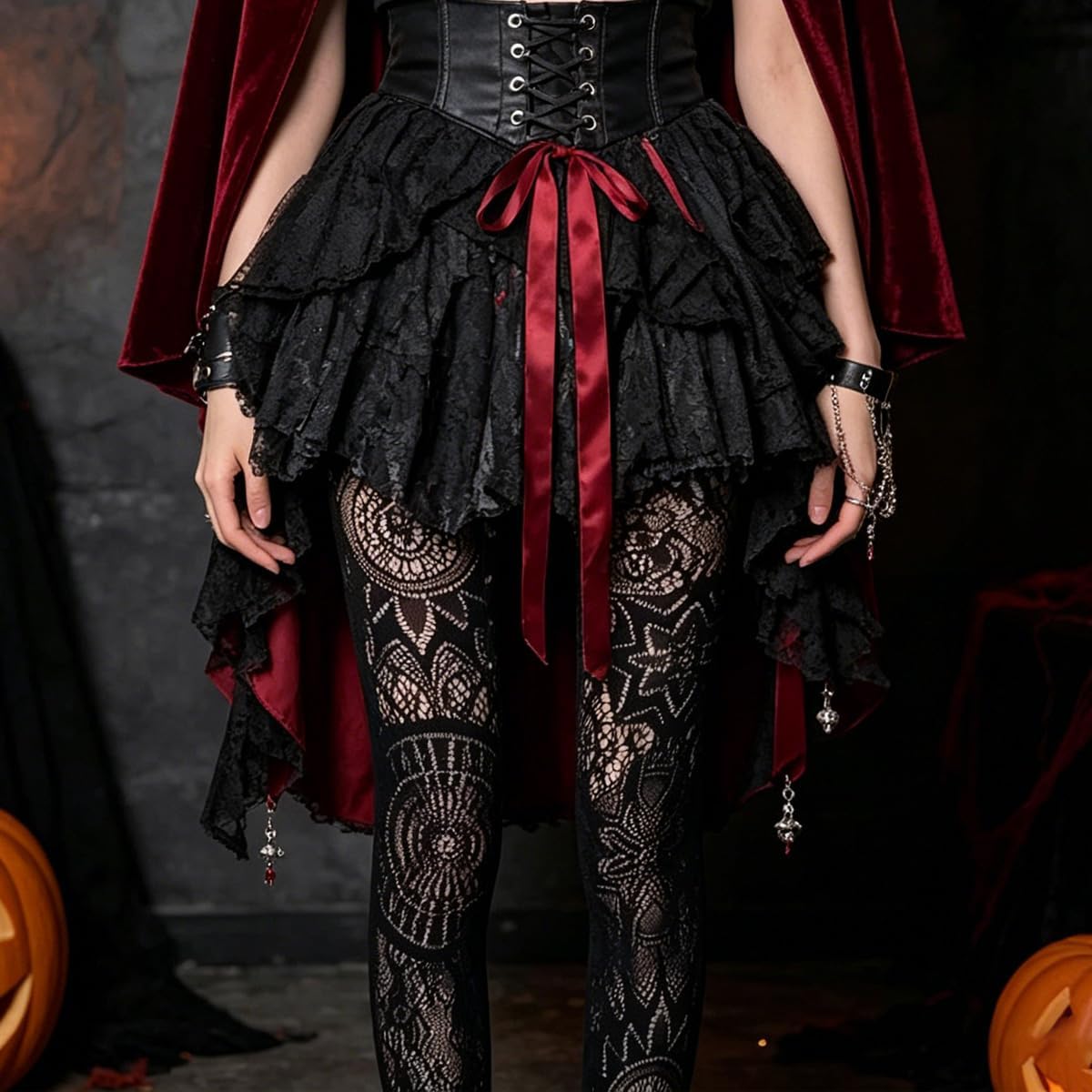 Gothic Lace Fishnet Tights, Black Hollow Out Mesh Magic Totem Patterned Stockings for Halloween Party Cosplay Costume