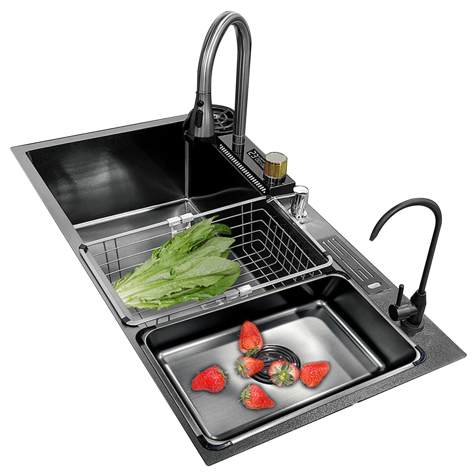 ZQFHSX 35IN Modern Sink, Stainless Steel Multifunctional Waterfall Undermount Single Pull-Out Faucet with Knife Rack, Various Accessories