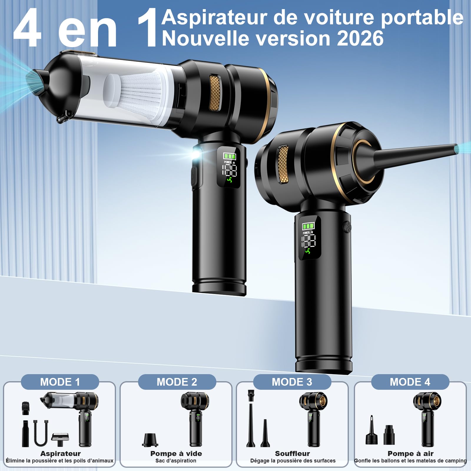 Aspirateur à Main, Aspirateur à main sans fil 4 en 1, 32000 Pa puissant aspirateur de voiture, avec écran LCD, moteur sans balais et 3 vitesses 300 000 tr/min pour voiture, bureau et poils d'animaux