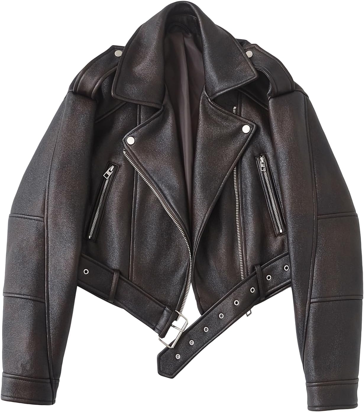 LY VAREY LIN Women Faux Leather Cropped Jacket Lapel Zipper Biker Short Coat with Belt