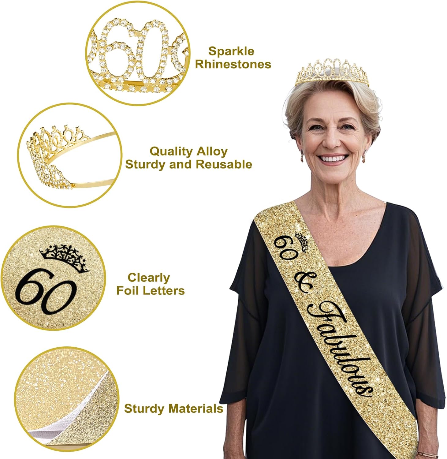 60th Birthday Decorations for Women, Champagne Gold 60th Birthday Gifts for Women, 60 Sash and Crown, Banner, Fringe Curtains, Hanging Paper Fans, 60 Year Old Party Supplies Set