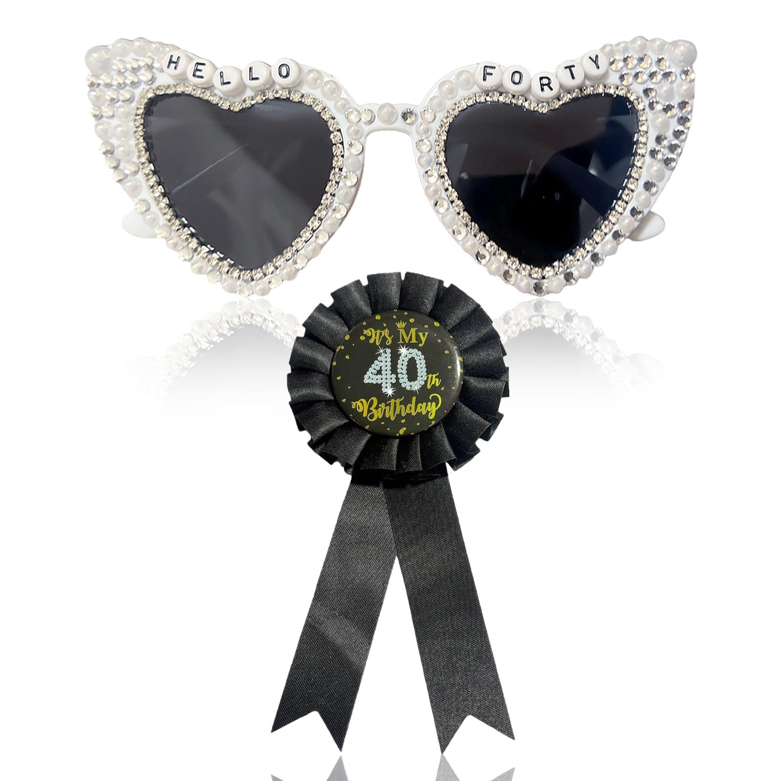 2 Pcs 40th Birthday Glasses Set, 40th Birthday Badge White Heart Sunglasses Heart Glasses for Women Shiny and Birthdays Badge Pin Fun Photography Props Decoration Supplies Party