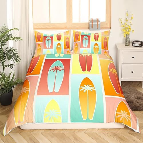 Miniatura 3 de Manfei Juego de funda de edredón de tablas de surf de verano para niños, tamaño matrimonial, juego de ropa de cama de palmeras tropicales de 3