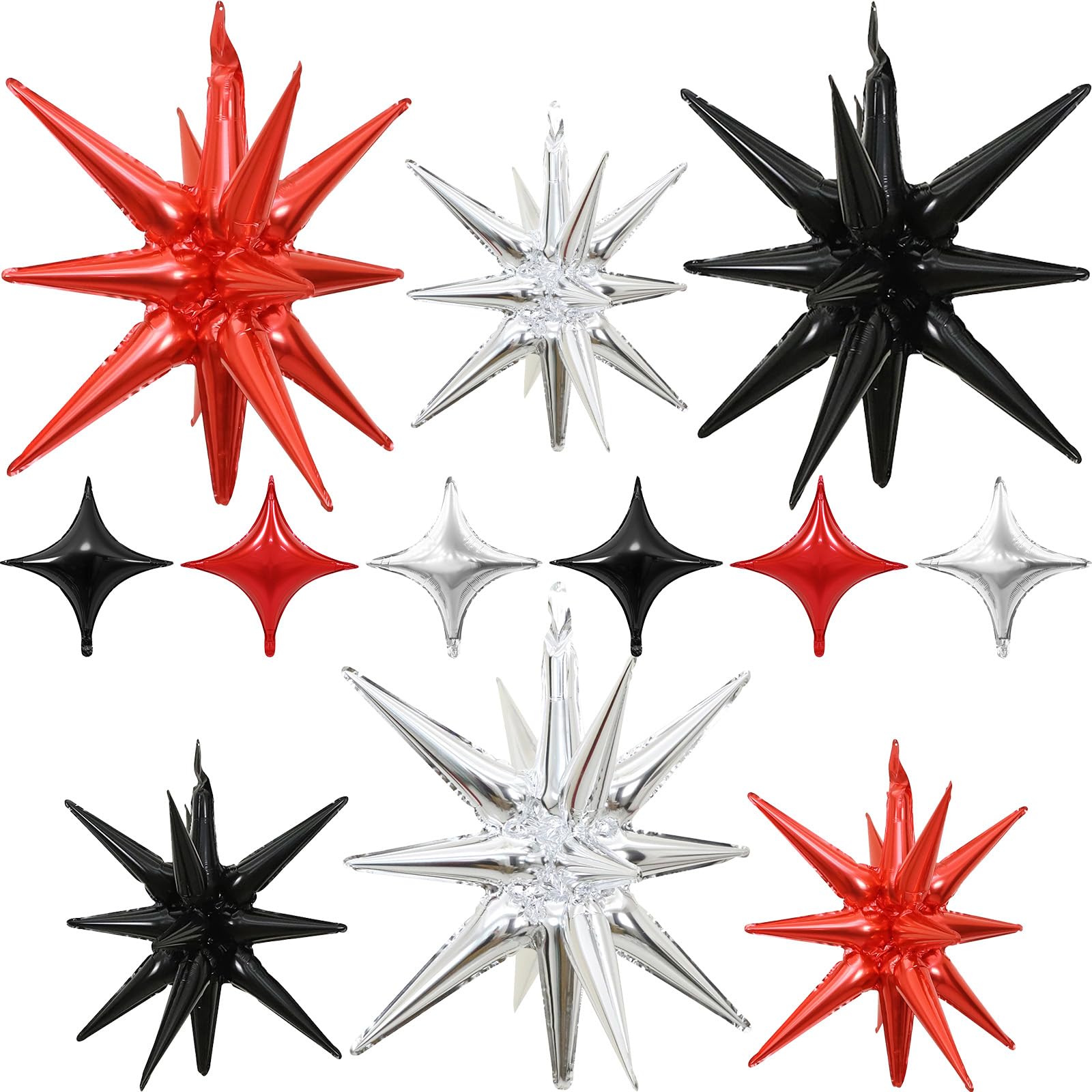 Black Red Silver Star Balloons 12pcs, One-Piece, 27/22 Foil Inch Star Explosion Balloons, Large Spike Mylar Cone Balloon, Fireworks Shape Balloon Decor for New Year Casino Night Racing Car Theme Prom