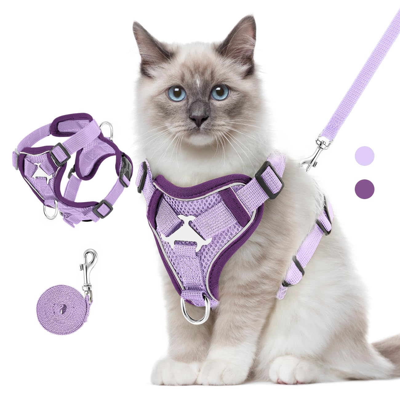 VavoPaw Pettorina per Cani con Guinzaglio da 1,5M, Imbracatura per Gatti Antifuga con Rete Traspirante e Strisce Riflettenti, Gilet Morbido e Regolabile per Cani Gatti, M, Viola Chiaro