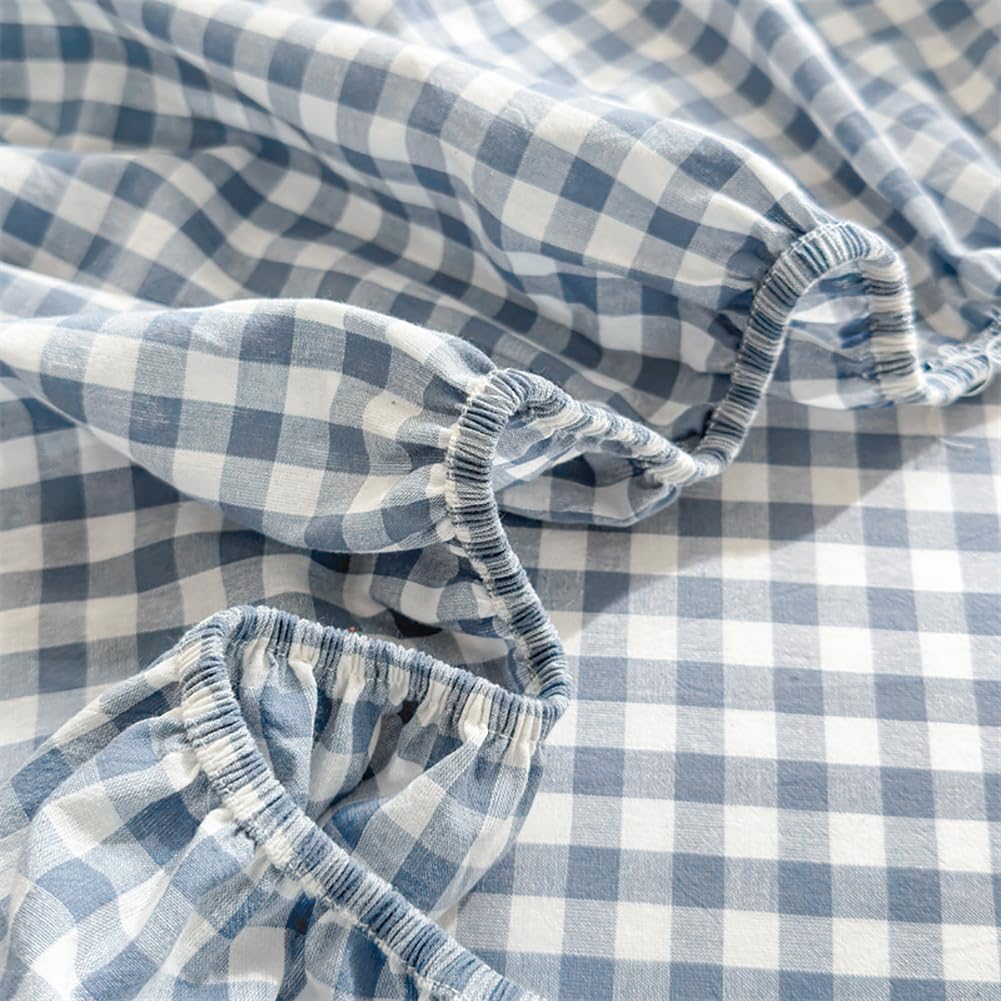 Blue Gingham King Fitted Sheet Soft 100% Washed Cotton Grid Bottom Sheet with 15" Deep Pocket 1 Piece Plaid Fitted Sheet Blue Gingham Bedding Farmhouse Comfortable and Breathable Mattress Cover