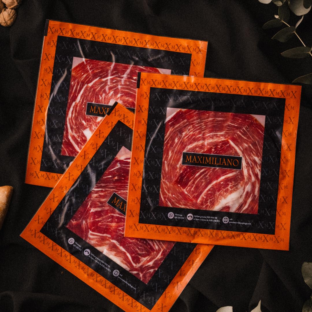 Maximiliano Jabugo - Jamón de Bellota 100% Ibérico | Estuche 80gr Loncheado a Mano a Cuchillo | Criado en Libertad | Curación Lenta +36 Meses | Certificado (5 sobres)