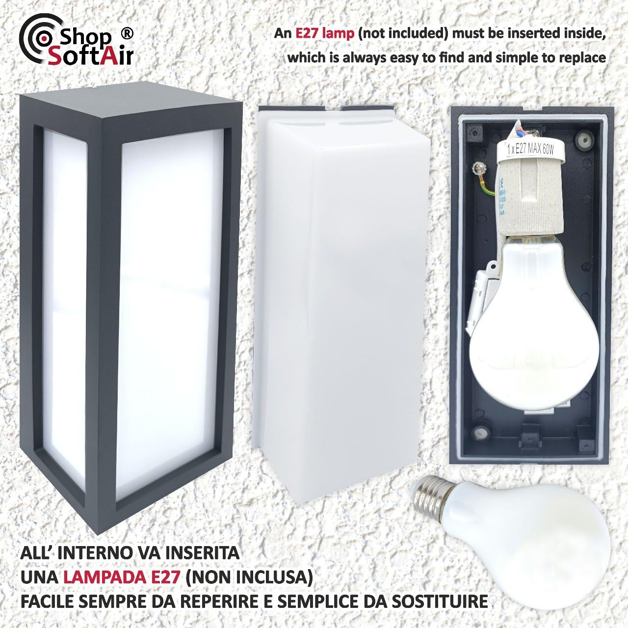 Applique lampada parete da esterno bianco ip54 rettangolare moderna per facciata balcone terrazza - garanzia 5 anni (Antracite)