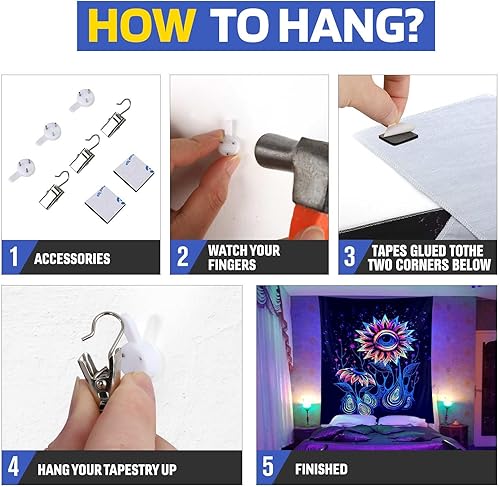 Miniatura 30 de ADDWel Tapiz de calavera de luz negra, tapiz psicodélico negro que brilla en la oscuridad, tapices reactivos a los rayos UV, carteles para colgar