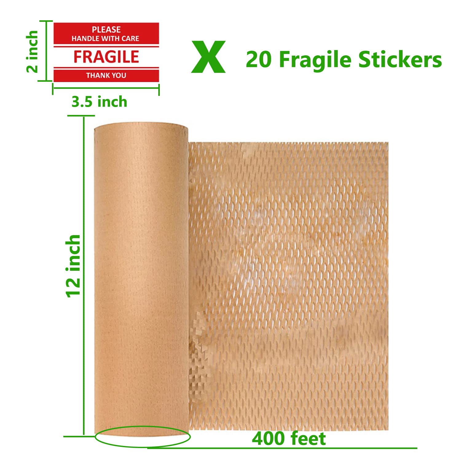 Honeycomb Packing Paper, 12" x 400' Honeycomb Cushioning Wrap Roll for Moving Shipping Packaging Gifts, Recyclable Honeycomb Paper Bubble Paper Wrapping with 20 Fragile Sticker Labels