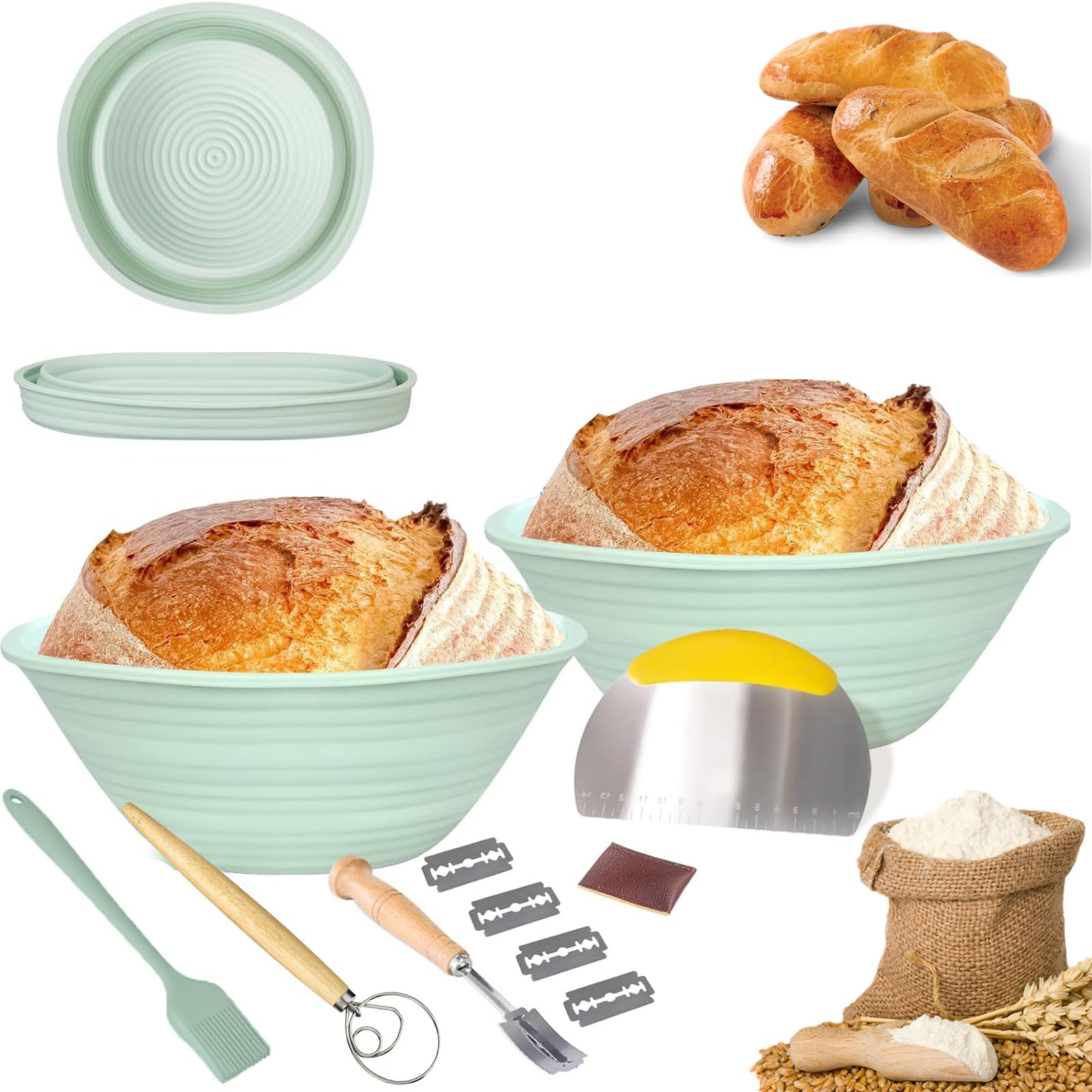 Banneton Pain Silicone Pliable – Panier Fermentation 1.8L, Cuisson Directe Four, Facile à Nettoyer