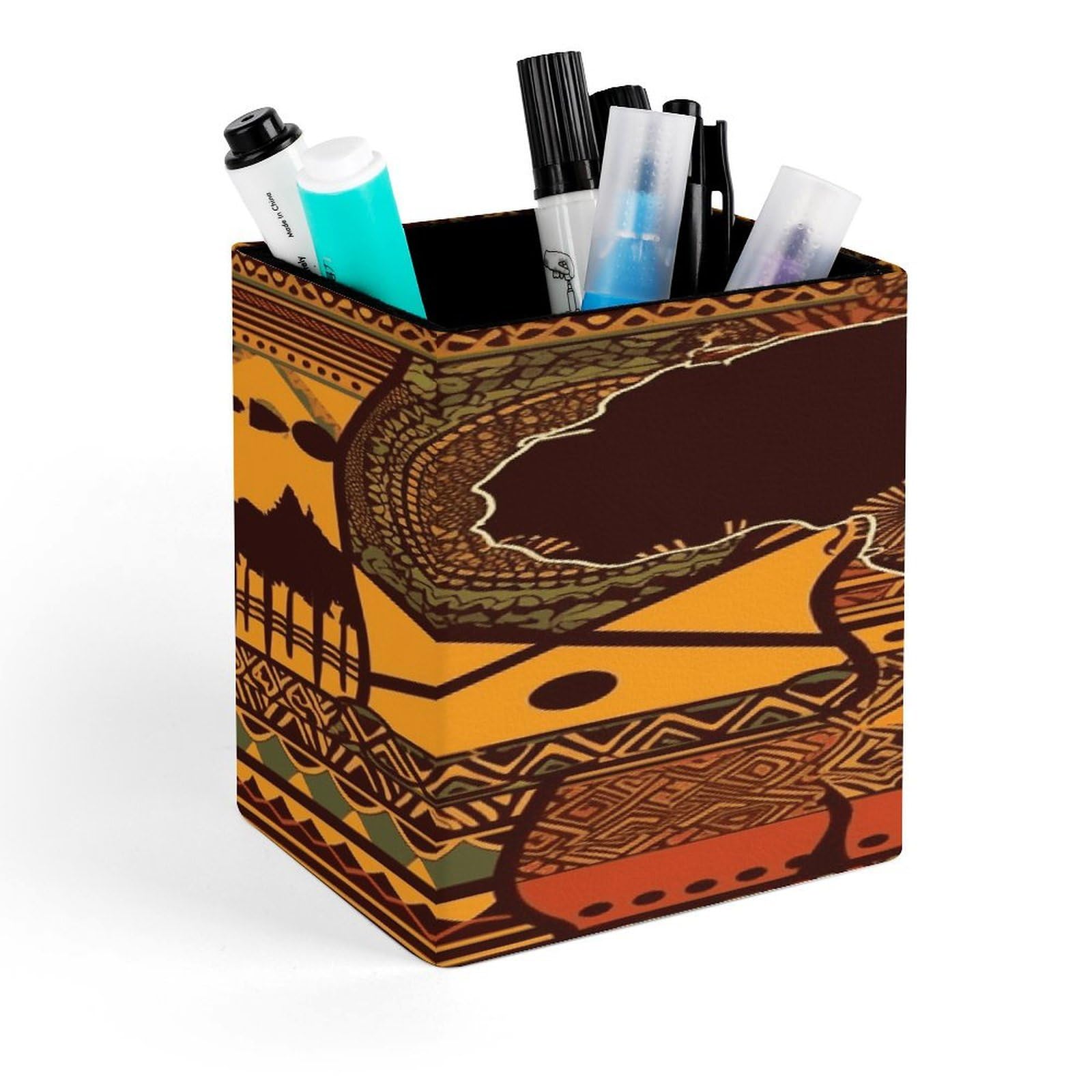 LZQPOEAS African Map Ethnic Pattern Square Pen Pencil Holder PU Leather Pencil Cup Desktop Stationery Organizer Office Accessories Container