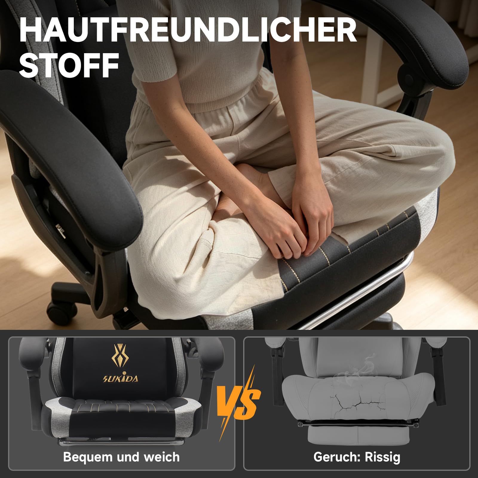 Gaming Stuhl Ergonomischer Elastischer Stretchstoff, Gaming Chair mit Fußstütze Kopfstütze Lendenkissen, Höhenverstellbarer Schreibtischstuhl Neigbar, Bürostuhl für Gaming und Homeoffice,Schwarz