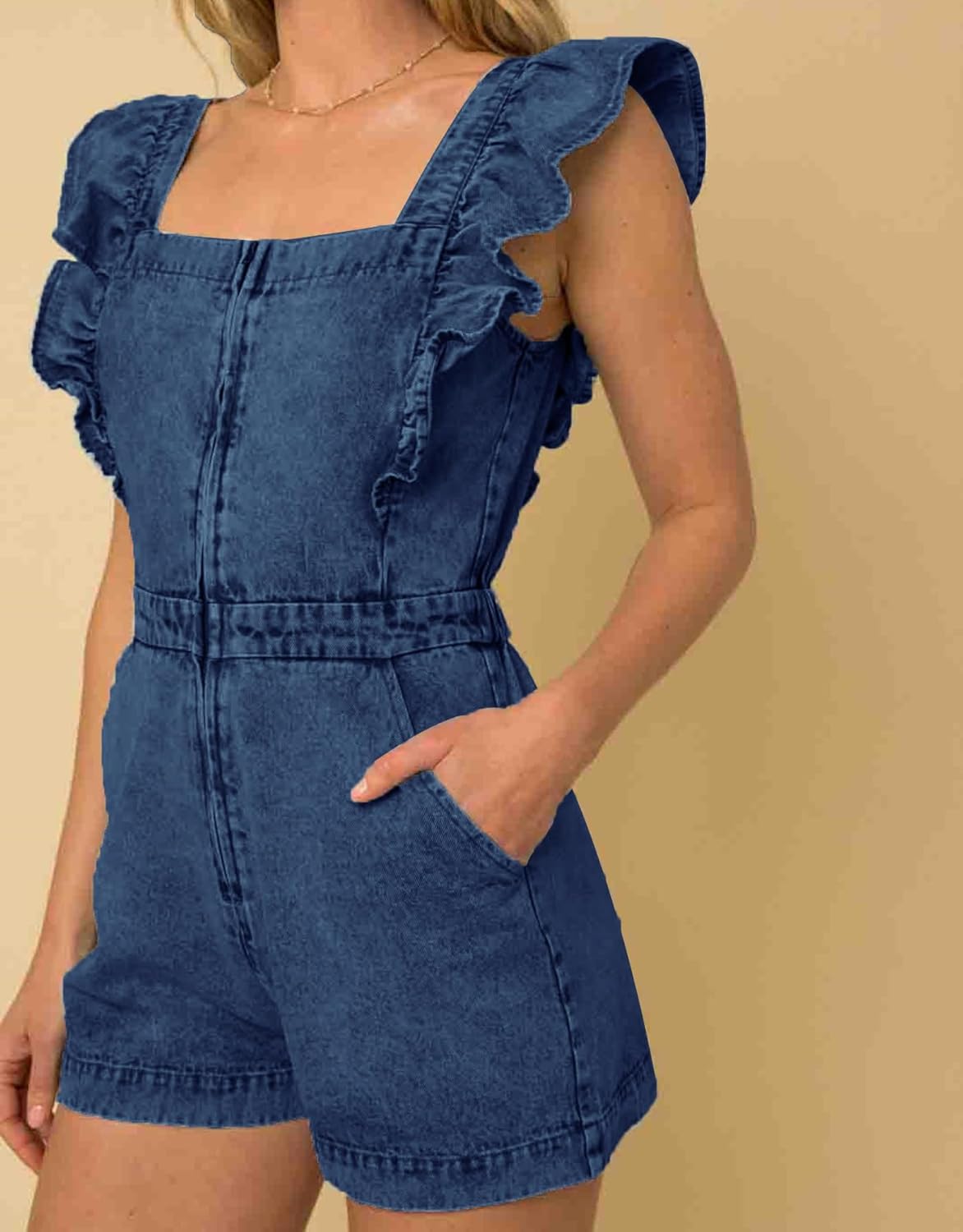 Kedera Women Ruffle Sleeveless Denim Rompers Short Zip Up Denim One Piece Jumpsuit with Pocket - Image 5