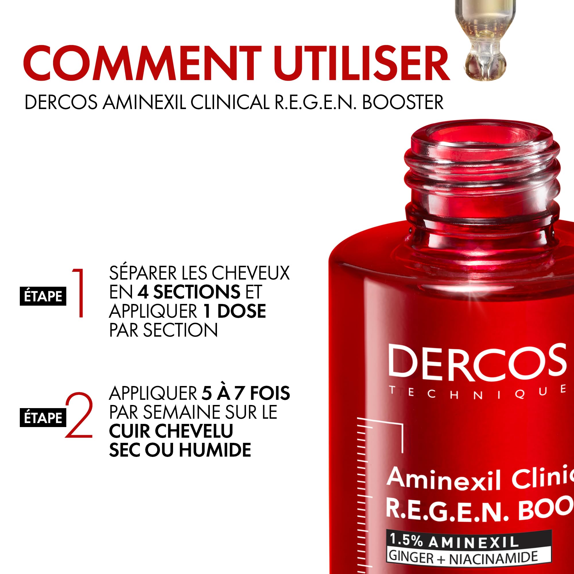 VICHY DERCOS Aminexil Clinical R.E.G.E.N. Booster Sérum Anti-Chute, Aminexil 1,5 % + Gingembre + Niacinamide, +14 000 Cheveux en 12 Semaines, Sans Paraben, 90 ml | Aminexil 1,5 %, Gingembre + Niacinamide, +14 000 Cheveux en 12 Semaines, Sans Paraben