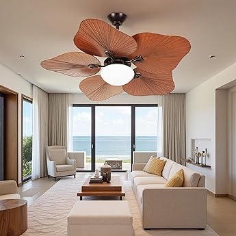 DWVO 52" Indoor Ceiling Fan with Light Kit & Remote - Tropical Palm Leaf Blades, Reversible Quiet DC Motor, 6-Speed Settings for Bedroom, Living Room, Dining Room