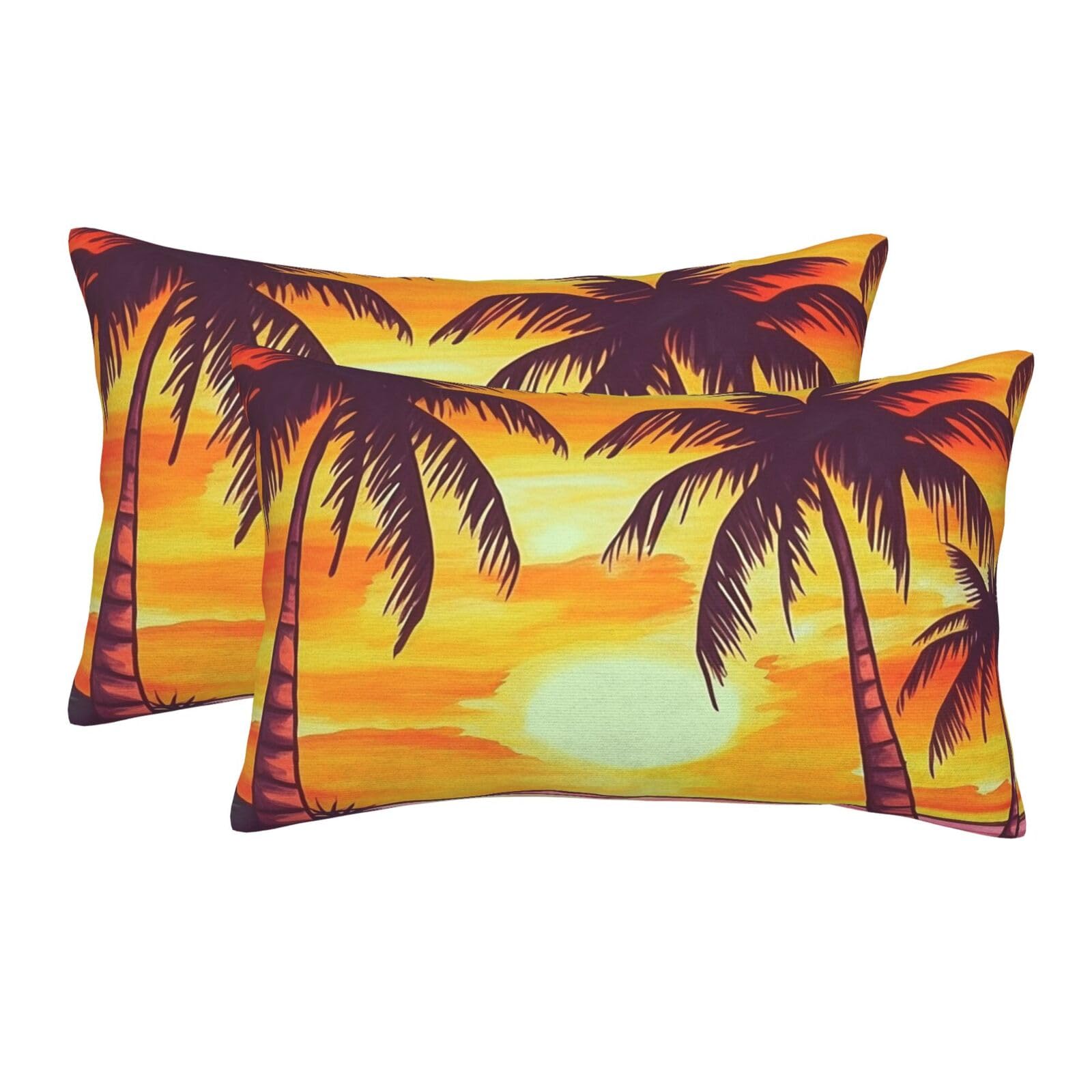 2 Pack Standard Size Pillow Cases for Hair and Skin Soft Breathable Pillow Case Covers with Hidden Zipper Sunset Palm Tree Pillowcase 14"x20" Pillow Cover for Sleeping Gift
