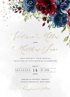 Customized Wedding Invitation Cards - 24 Wedding Invitations with Envelopes and 24 Rsvp Cards – Navy & Burgundy Flower Wedding Invitations Personalized with Gold Text