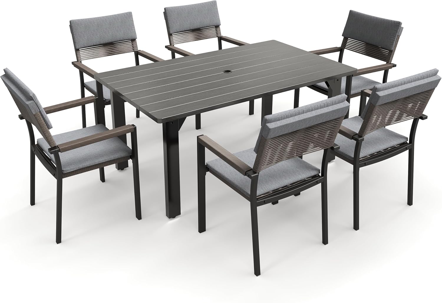 Sundale Outdoor 7 Piece Patio Dining Set, Metal Outdoor Dining Table with Umbrella Hole, Stackable Patio Rattan Chairs Set with Headrests and Cushions for Backyard, Garden, Deck, Dark Gray