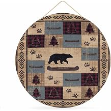 Welcome Sign for Front Door,Brown Ethnic Round Metal Welcome Front Porch Decoration,Black Bear Farm Plaid Pine Tree Retro Geometric Wall Hanging Sign for Living Room Hallway Housewarming Gift 12''