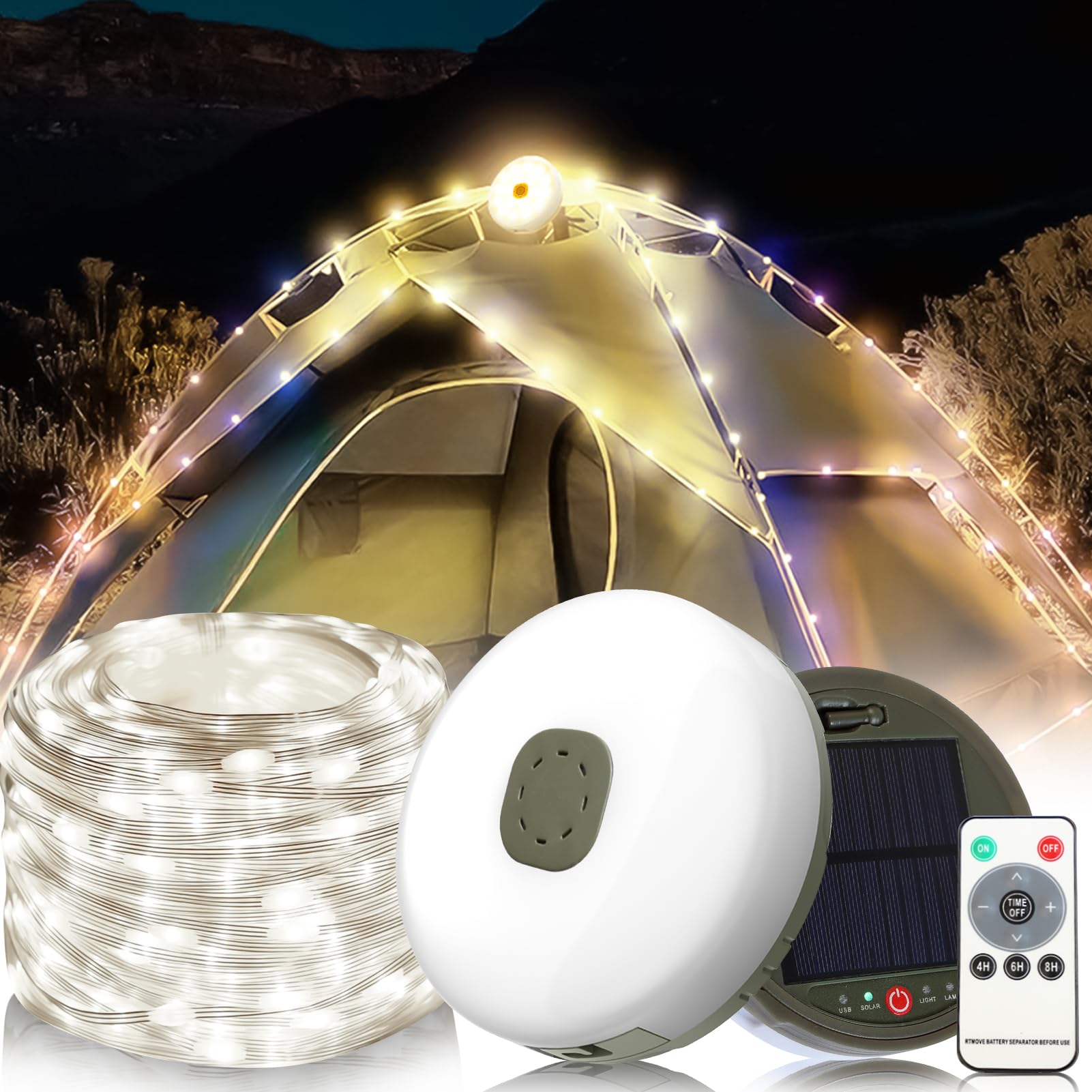 Camping Lichterkette 10m Auen Tragbare Solar Lichterkette 10m   Aufrollbar, Mit Fernbedienung, IP67, Fr Camping & Auen (olivgrn)