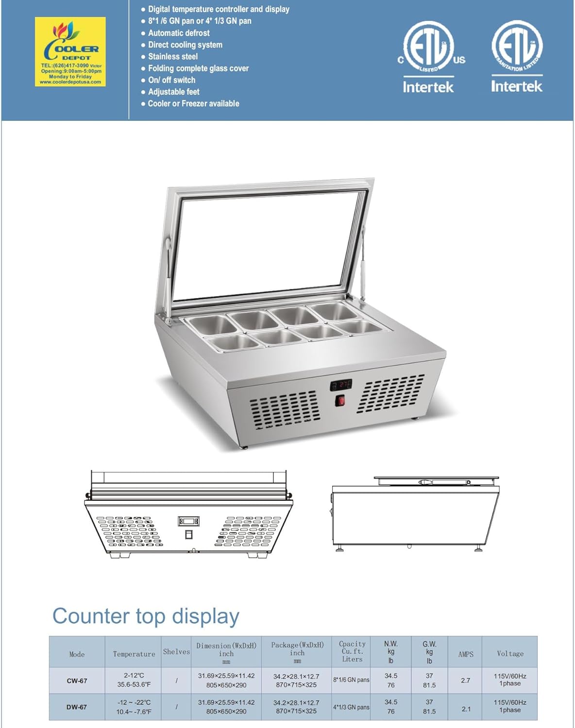 Gelato Freezer Display Case Dipping Cabinet Pan Ice cream Countertop White Frame 8 Pan DW-67L-8 32"Width