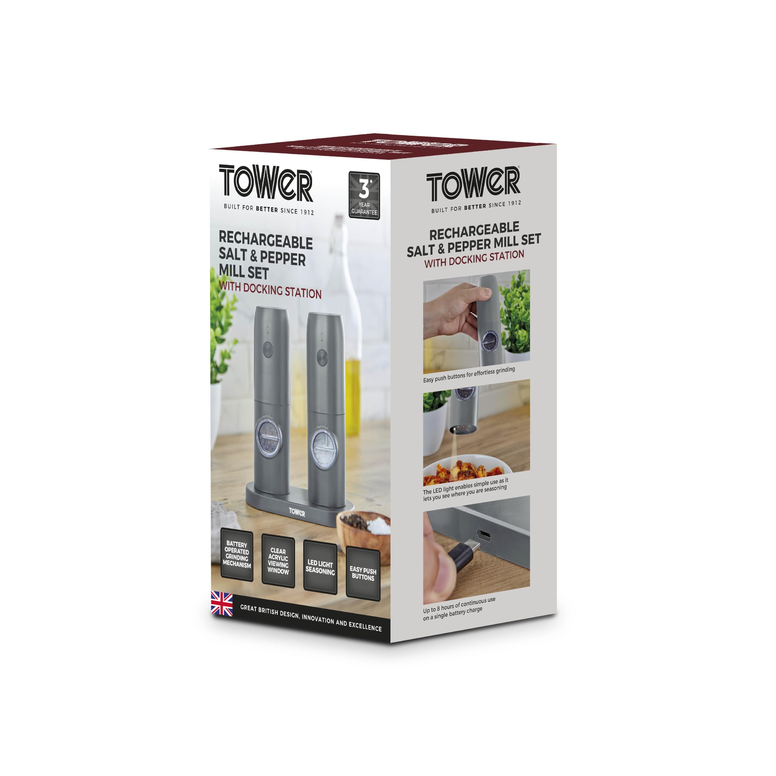 Tower T832243GRY Elektrische Salz- und Pfeffermühlen, Kunststoff, Grau
