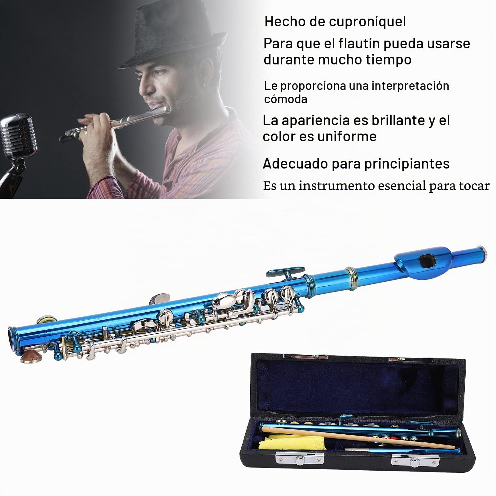 Flauta Piccolo Azul, Tecla E Francesa 6 Agujeros Piccolos Instrumento Clave Piccolos Tiene un Orificio de Sonido Dibujado con Precisión para Principiantes