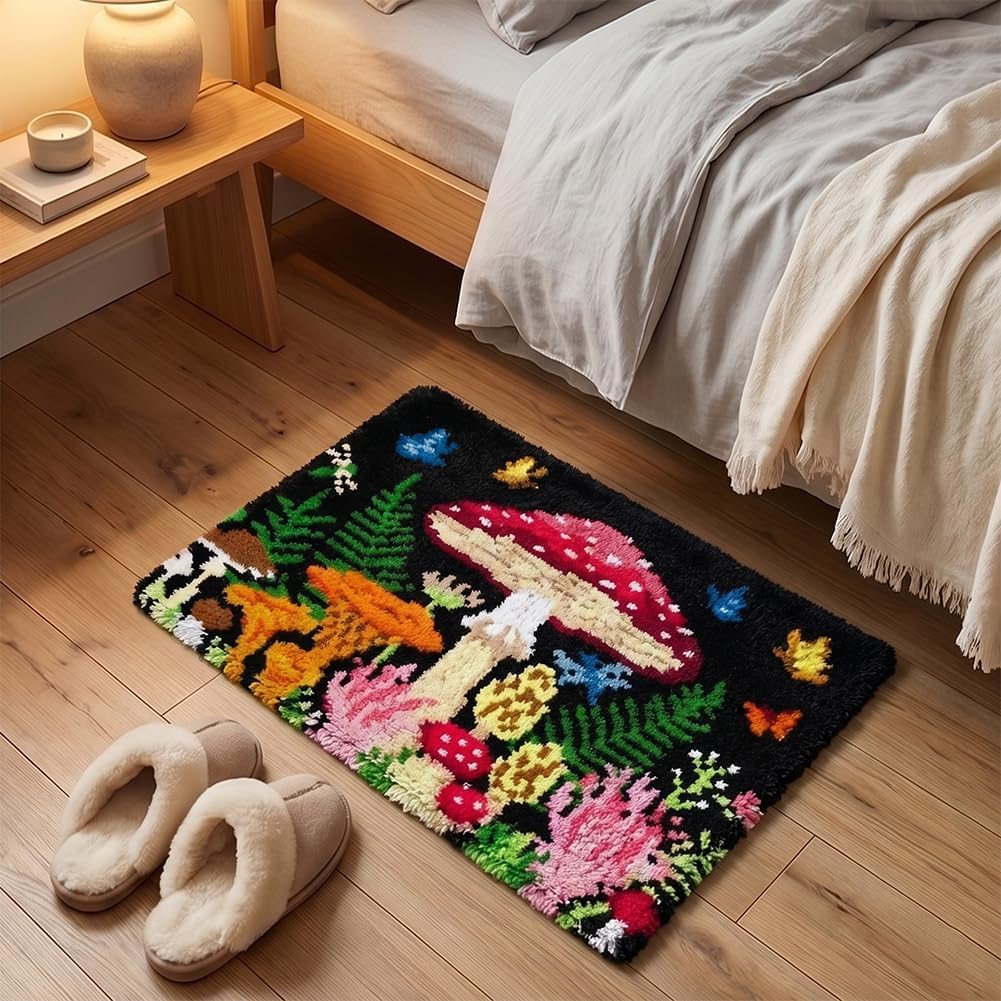 ORIGACH Mushroom Forest Latch Hook Rug Kit for Adults Printed Rug Making Kit Handmade Carpet Tapestry Cover with Hook Latch and Preprinted Canvas, Home Arts Crafts Sofa Decor, 20.5x15inch