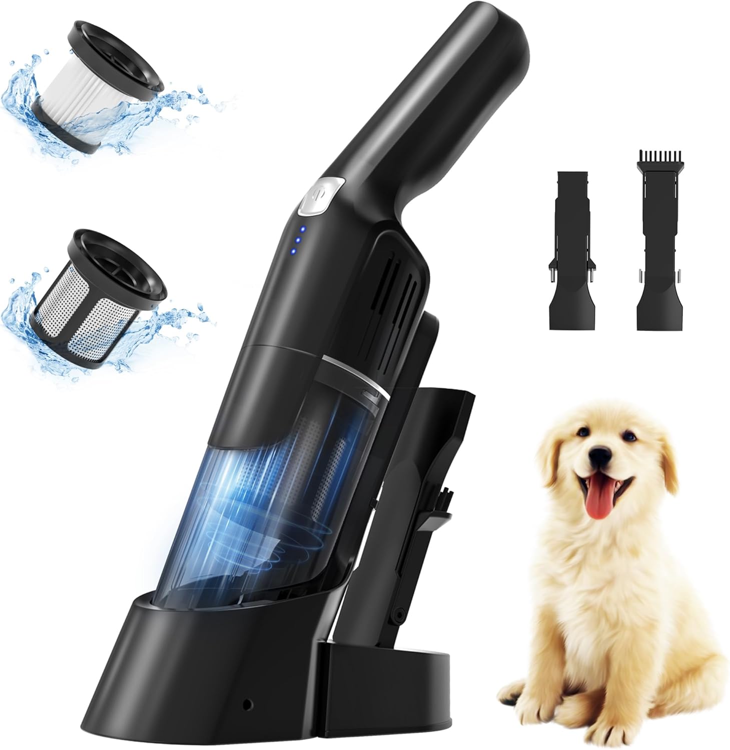 Handheld Vacuum, Cordless Vacuum 15KPA Powerful Car Vacuum, Rechargeable, Charging Dock, Ergonomic Handle, 2-in-1 Crevice Tool, 1.8lb Portable Handheld Vacuum with 2-Speed for Car, Home Black