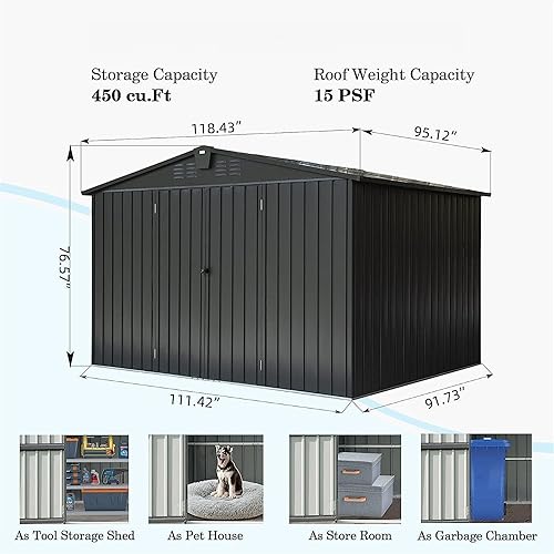Miniatura 5 de Evedy Cobertizo para exteriores, cobertizo de almacenamiento de metal galvanizado de 10 x 8 pies con puerta deslizante, almacenamiento de