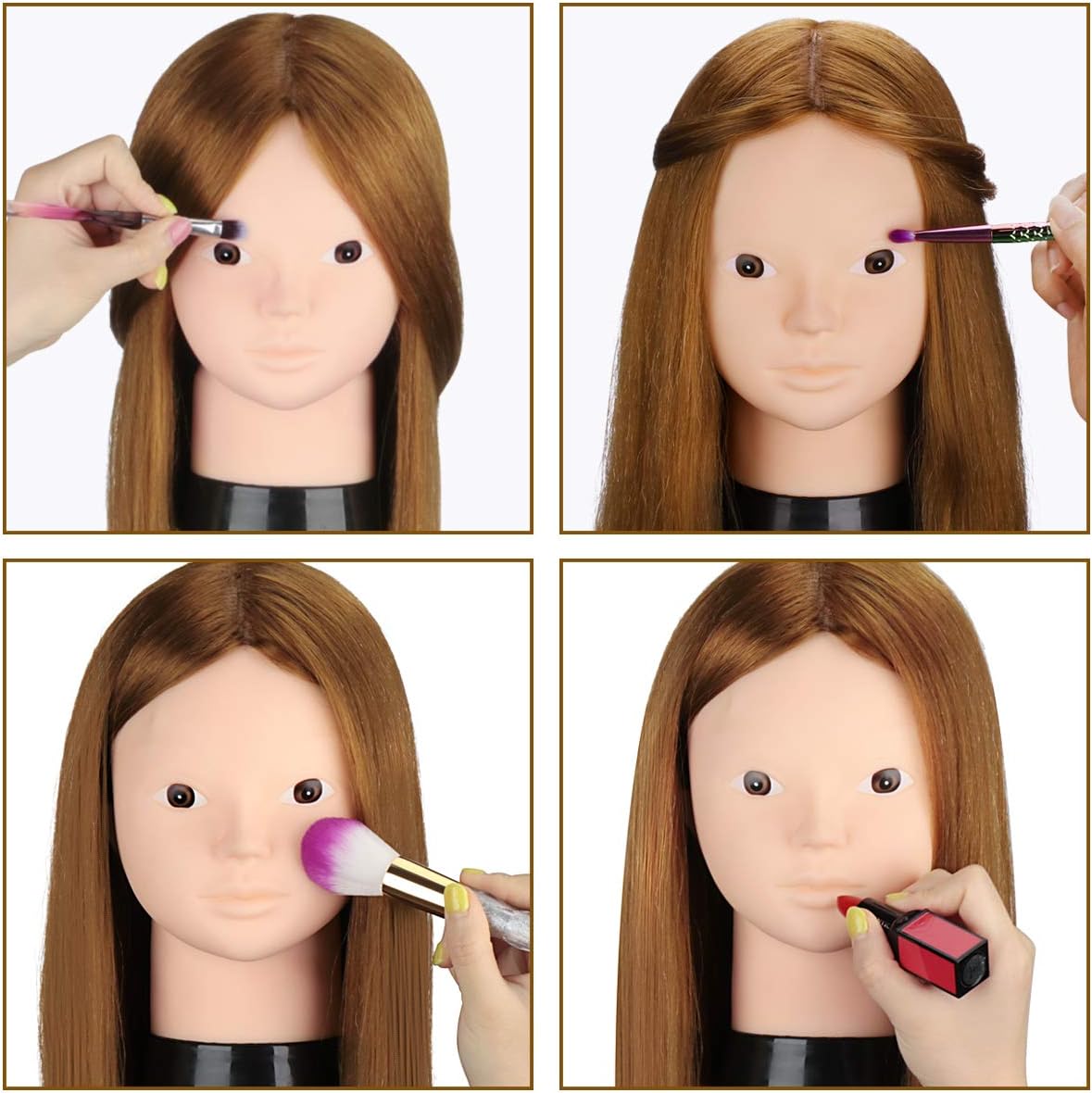Four step process of applying makeup to the mannequin head