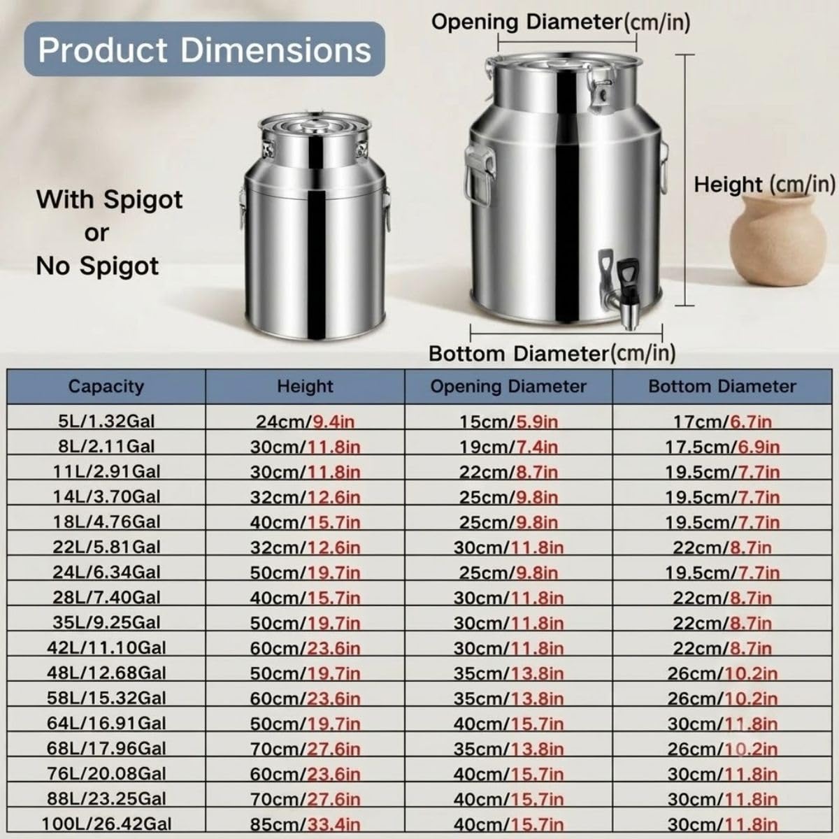 14L Jarra con Grifo Lechera Acero Inoxidable 201 Bidón Transporte Leche | 5-100L Cubo de Acero Inoxidable 201 Barril Aceite Recipiente para Lácteos Transportar Líquidos Agua(No Spigot,35L)