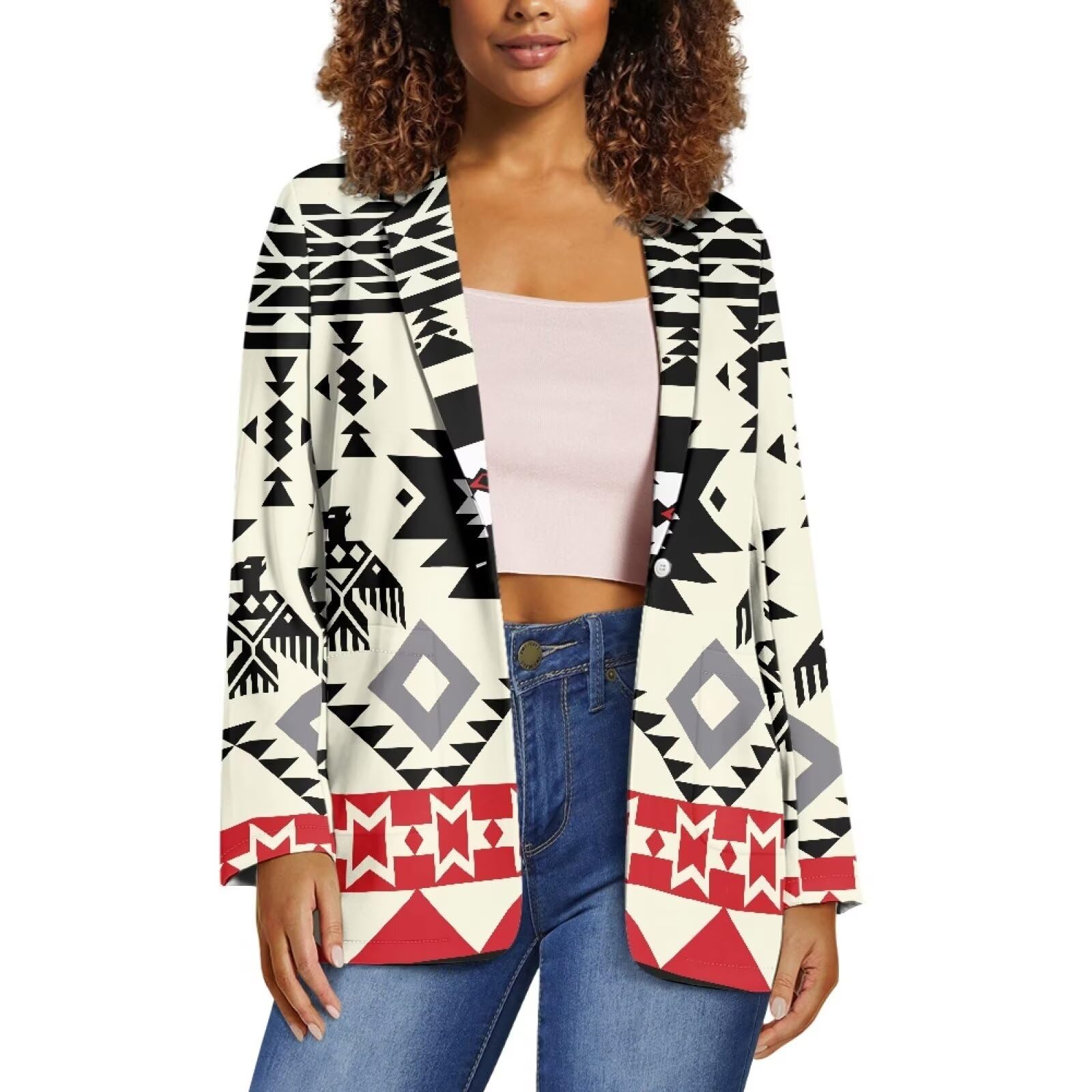 Western Ethnic Aztec Tribal Print Womens Aztec Blazer with Pockets Long Sleeve Loose Fit One Button Dress Blazer