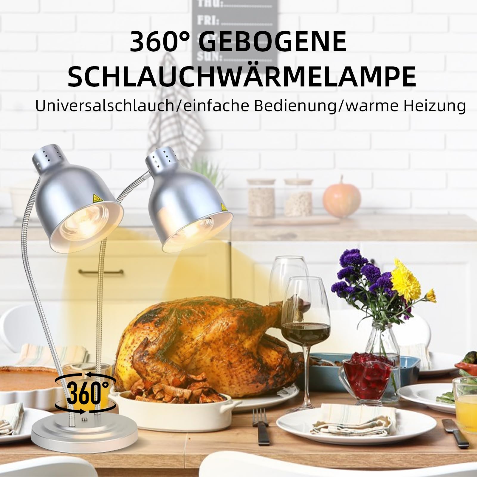 Lampe chauffante de cuisine - 250 W - Lampe infrarouge - Double tête - Autonome - Pour buffets, salle à manger, hôtels, commerciaux, maintien au chaud - Argenté