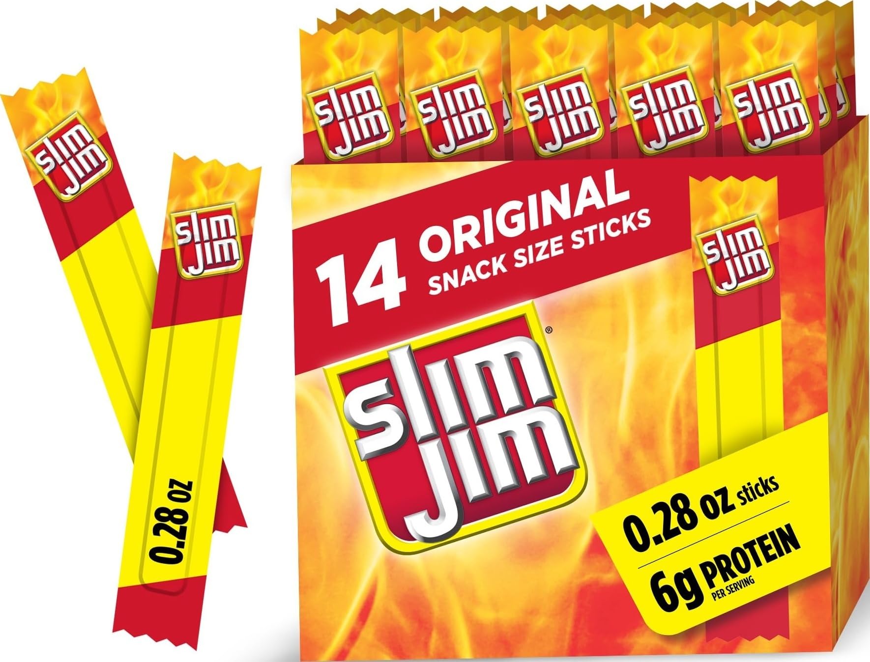 Slim Jim Slim Jim Smoked Jerky Snack Sticks, Original Flavor, 0.28 oz., 14-ct | Good source of protein, 6g per serving; Original flavor; great on-the-go & travel snack; perfect for lunchboxes & road trips