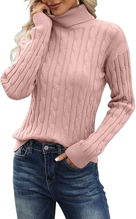Esobo Womens Classic-fit Lightweight Cable Long Sleeve Mockneck Loose Casual Sweater Jumpers