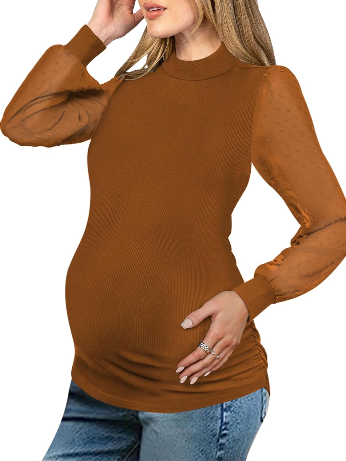 Women's Maternity Shirt Long Sleeve Top Swiss Dot Mock Neck Ribbed Knit Striped Ruched Side Blouse - Image 6