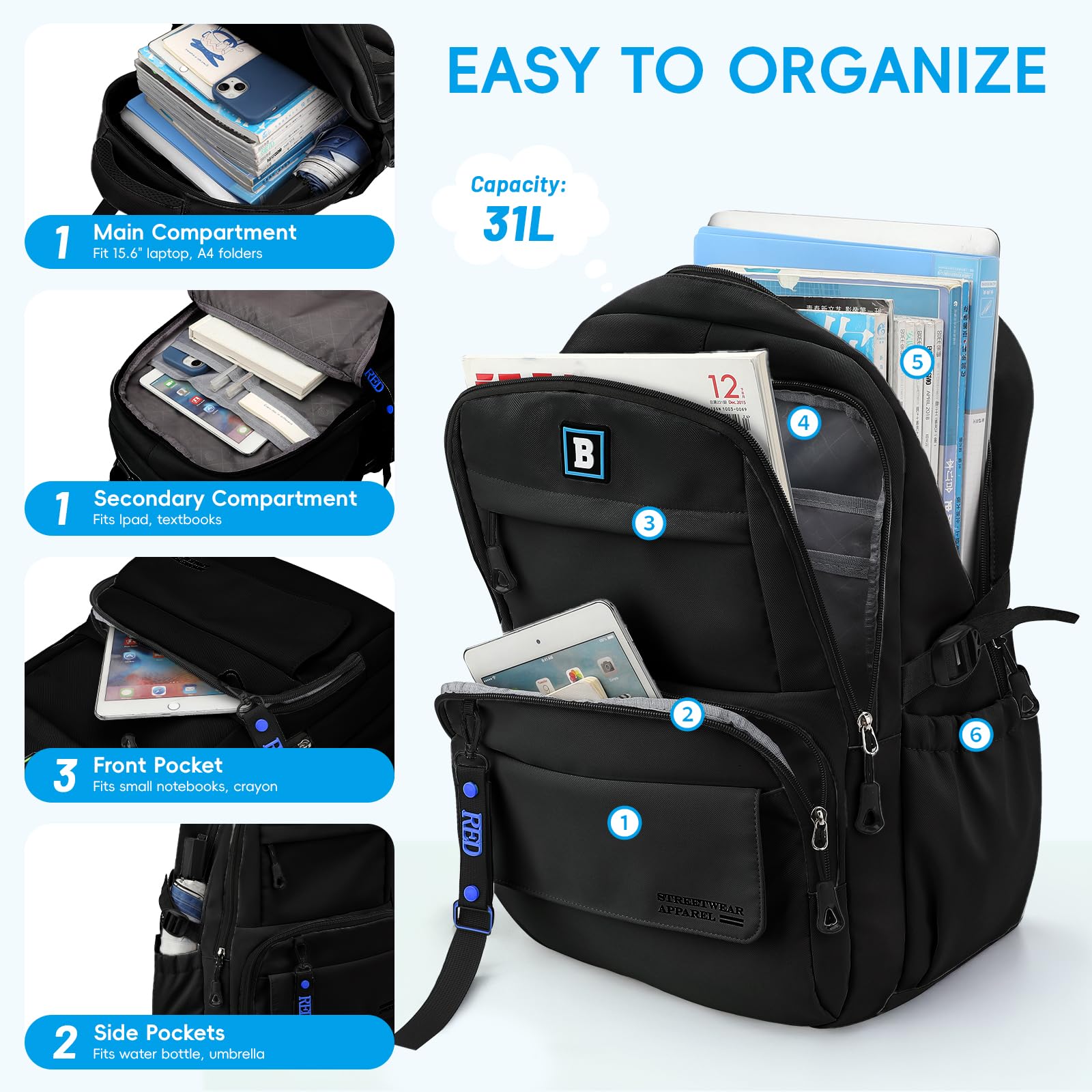 Amythe Sac à Dos à Roulettes pour Enfants Adolescents, Sac Ecole College pour Garçon avec Chariot, 31 L Sac D'école Garçon Léger à la mode, Cartable à Roulettes pour les 9-18 ans, Noir