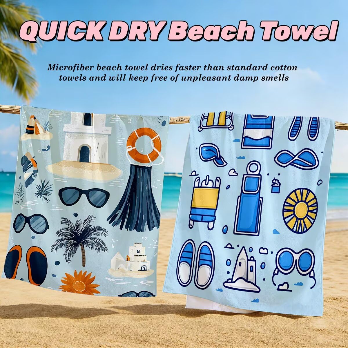 Toalla Playa 80x160 cm, Toalla Gimnasio Microfibra Secado Rapido, Juego de 2 Antiarena Toallas de Playa, Ligera Compacta Toallas Microfibra Grande para Viaje, Regalo Hombre Regalo Mujer (Lindo) -4845