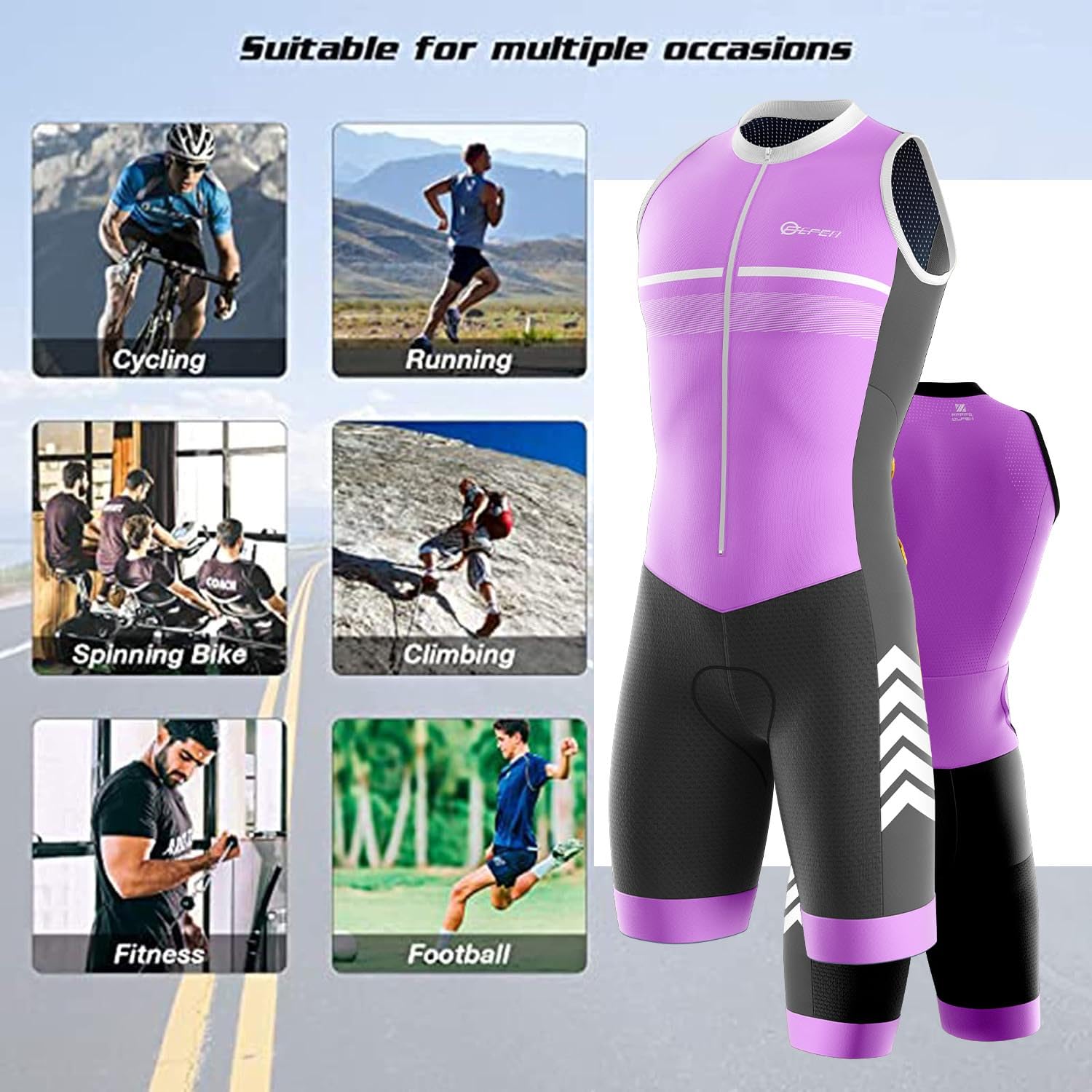 2024 Nuovi Tuta da triathlon da uomo, Ciclismo Body Skinsuit All'aperto Sportswear Abbigliamento Triathlon with Gel Pad per Nuoto/Corsa/Ciclismo, con imbottitura in gel