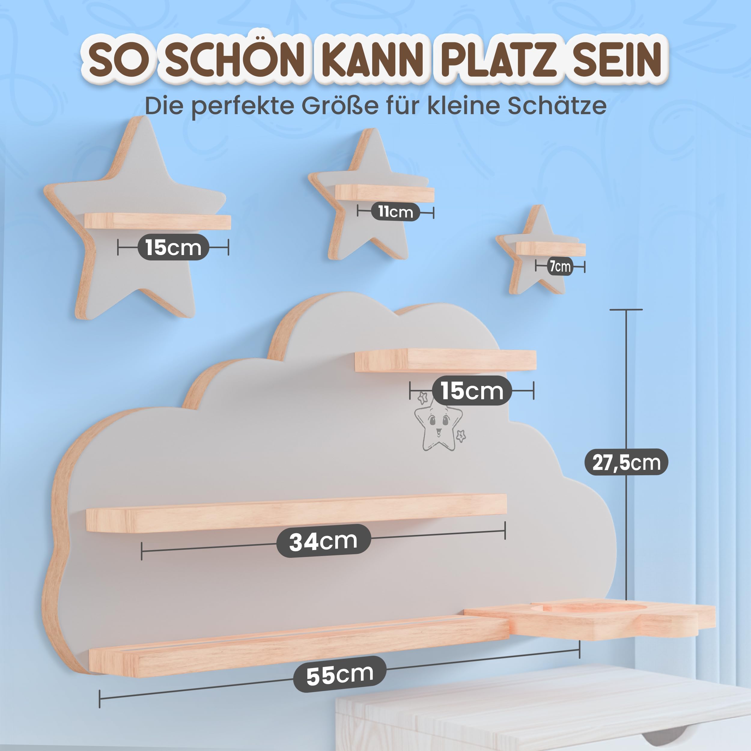 Twinklertoy’s Hörbox Wandregal aus Holz – mit magnetischer Halterung & zusätzlichen Sternen – für 30–37 Hörfiguren – Regal in Wolkenform fürs Kinderzimmer – kompatibel für Toniebox & Figuren