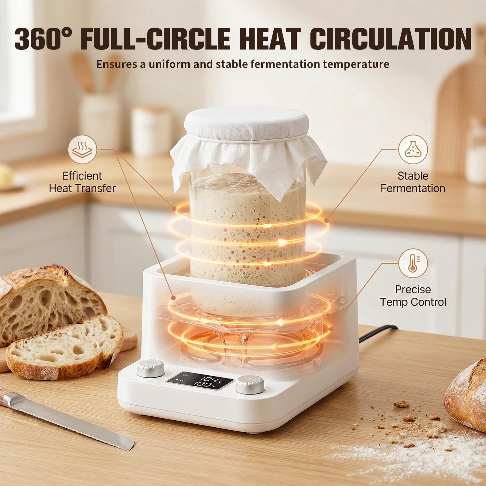 Chauffe-levain - Chauffe-pâte à pain précis avec thermostat (70-104 °F) - Réglage de la température - Minuterie 198 h - Chauffe-levain au bain-marie - Pour pain, yaourt, bière et kombucha